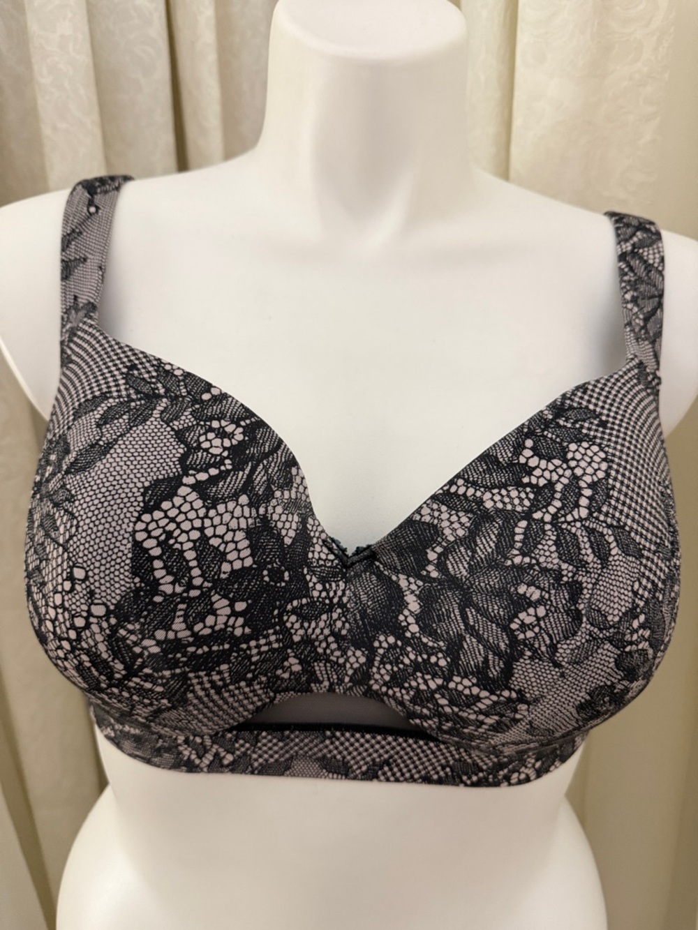 Cacique Black Lace Print Lightly Lined Balconette Underwire TShirt Bra